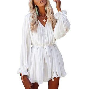 Flared Pleated Drape Long Sleeve Rompers